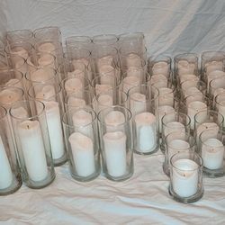 48 Glass Hurricane Candle Holders with White Pillar Candles – Wedding Event Decor