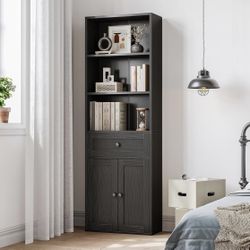 Book Shelf & Bookcase with Doors and Drawer, 6-Tier Tall Bookshelf, Floor Standing Display Storage Shelves for Home Office, Living Room