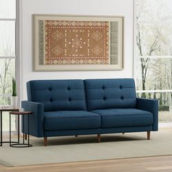 Mies Square Arm Sleeper Sofa with 8-Button Tufting in MCM Vintage Design in Blue