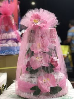 Pink flower diaper cake