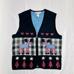 Vintage Cambridge Dry Goods Vest Black Plaid Wool Moose Trees Cabincore size small women’s