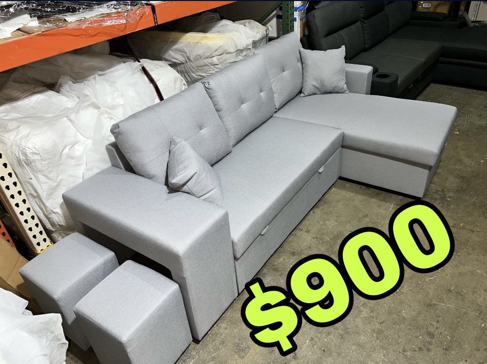 Beautiful New Sectional Sofa Bed W/ Reversible Storage Chaise & 2 Stools in Light Gray Linen Only $900!!!
