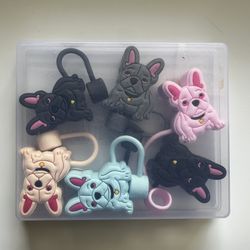 French Bulldog Straw Covers Caps Set Reusable Silicone Multicolor New
