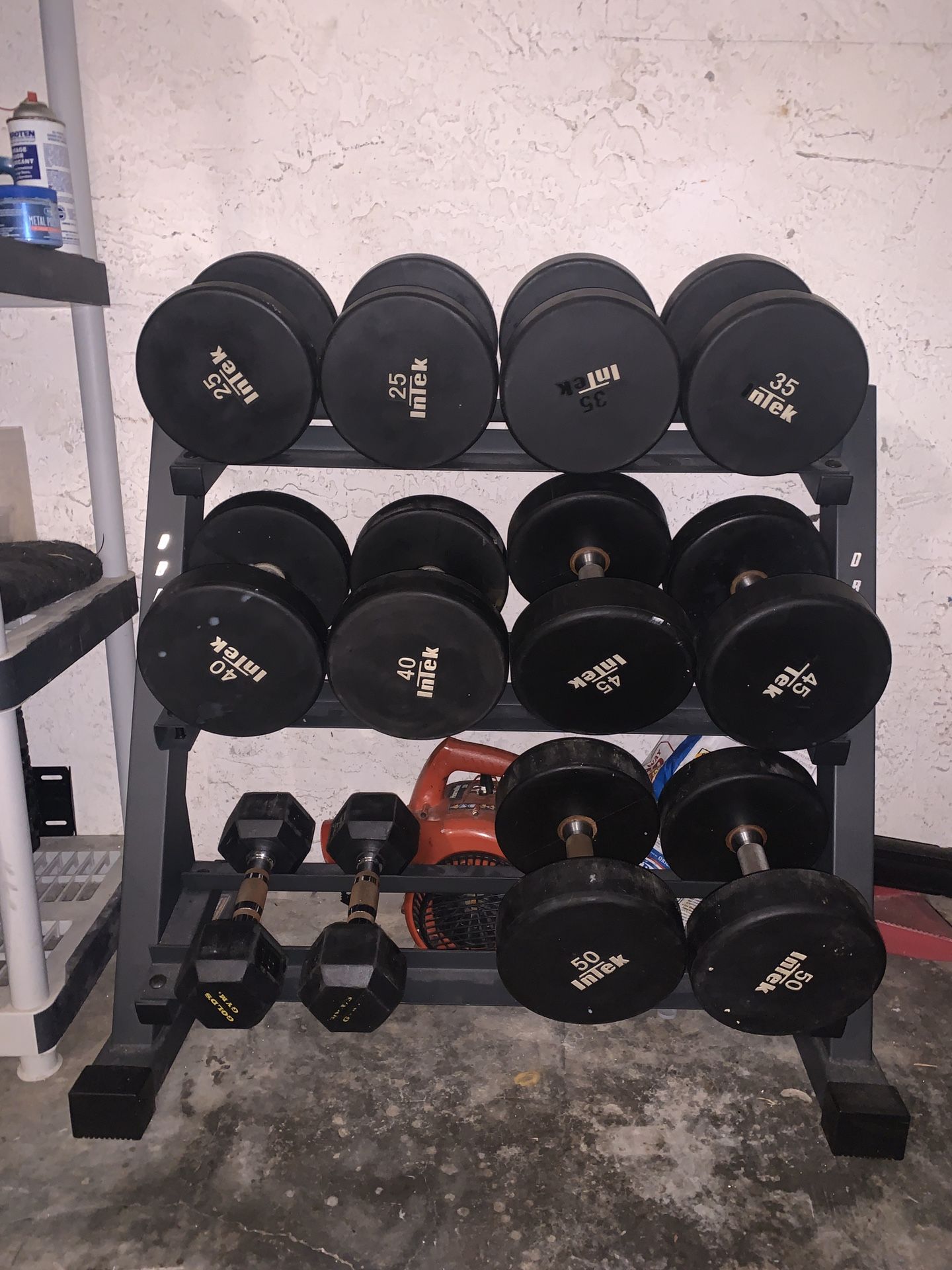 Intek rubber dumbbells 15lb-50lb 3 tier rack included