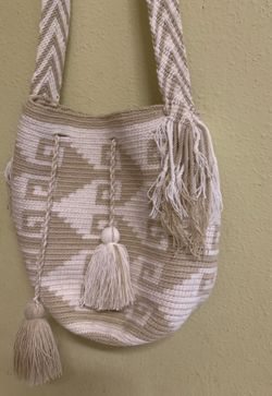 Crochet Woven Drawstring Bucket Bag with Tassels