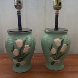 Vintage Brentleigh Ware Green Floral Hand Painted Table Lamps Made In England 