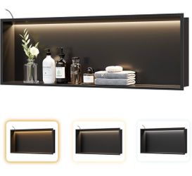 Matte Black LED Shower Niche, 36"X12" Recessed Bathroom Wall Niche Cabinet,3-Temperature LED Strip Light Waterproof No Tile Needed Stainless Steel Sto