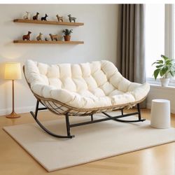 Wicker Patio Rocking Chairs Outdoor, Large 700 Lbs Heavy Duty. Beige