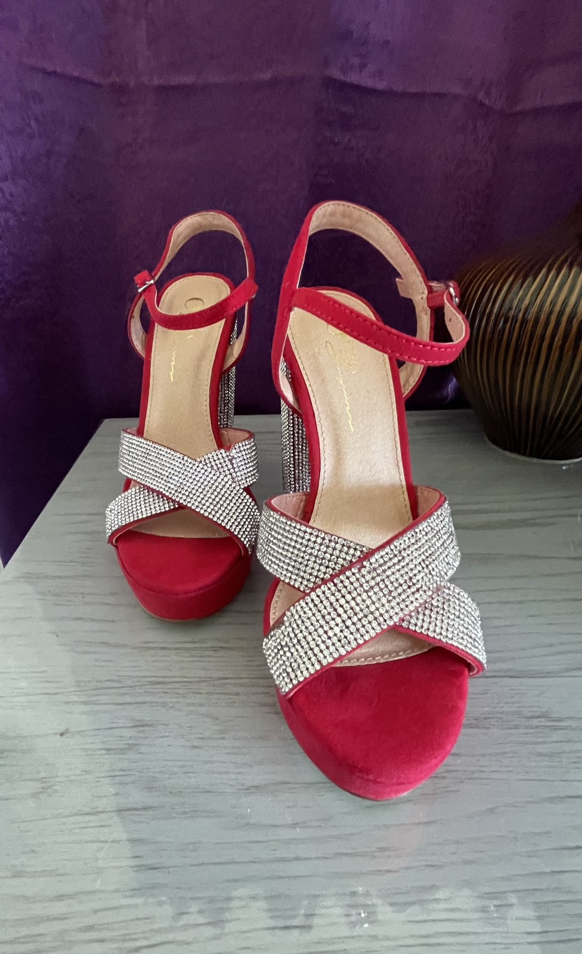 Red with Silver Embellishments - Size 6 - Crisscrossed Straps,  Block Heeled Platforms
