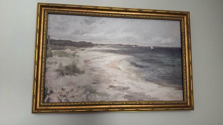 Vintage Gold Framed Coastal Canvas Wall Art Seaside Town Ocean Landscape Painting