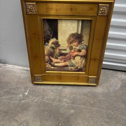 The image features a vintage, ornate gold-framed lithograph titled "Say Please" by German artist Karl Wilhelm Friedrich Bauerle, 