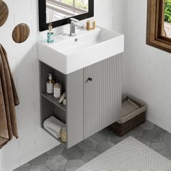 Assembled New Floating Bathroom Vanity with Sink Combo 22" Wall Mounted Cabinet with Wood Stripes