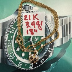 21K Solid Gold Chain and Pendant For Wedding 3.4Gr 18 Inches Long CUBIC ZIRCONIUM STONES 