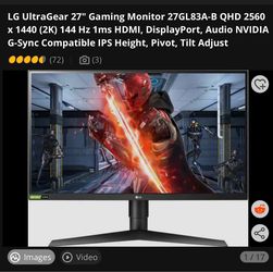 (2) LG UltraGear 27" QHD 144Hz Gaming Monitor 27GL83A-B