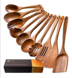 Nonstick Cooking Utensil Set 10 Piece Acacia Wooden Spatulas and Spoons New