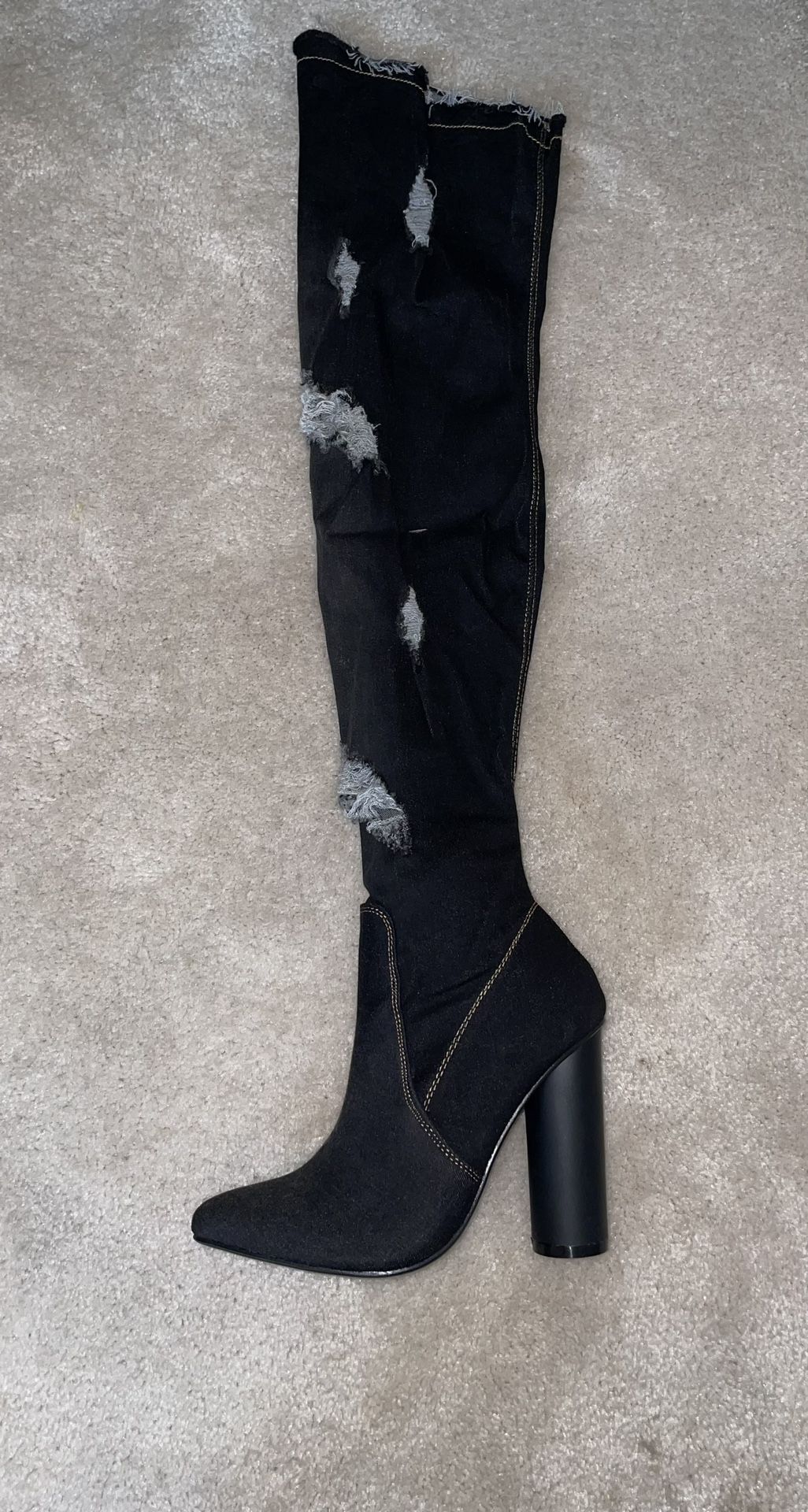 Black Denim Distressed Thigh High Boots