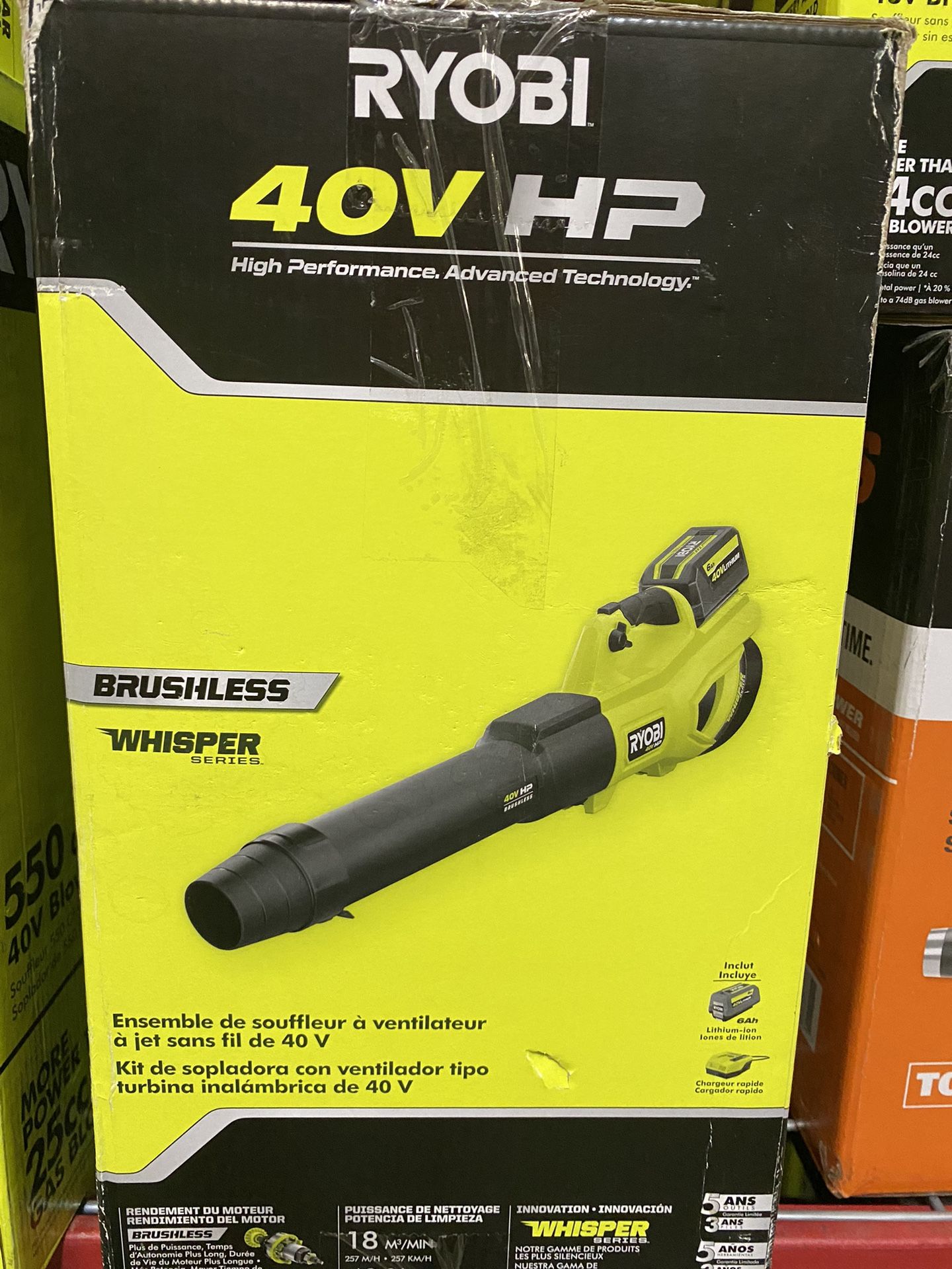 NEW IN BOX RYOBI 40V HP Brushless Whisper Series 160 MPH 650 CFM Cordless Battery Leaf Blower with 6.0 Ah Battery and Charger