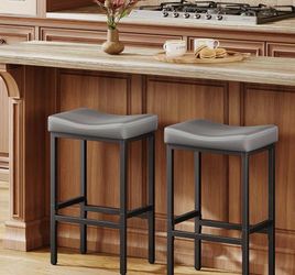 Compact 24 Inch Counter Height Bar Stools Set of 2 Premium Faux Leather Barstools for Small Spaces, Counter Stools with Saddle Seat & Metal Legs, 15-M