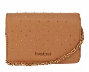 BEBE Women’s Sagan Studded Mini Crossbody Bag-Camel