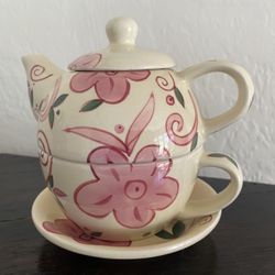 Complete 4 Piece Barnes & Noble Cafe Tea for One Stoneware Nesting Teapot & Cup
