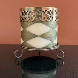 Vintage Unusual Diamond Pattern Candle With Metal Base & Brass Filigree Follower
