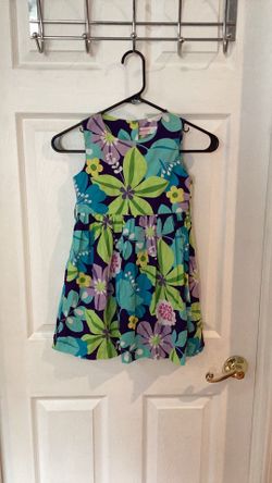 100% Cotton Sunboree Brand Summer Dress Sz 6T. features a vibrant blue, green, and purple floral pattern