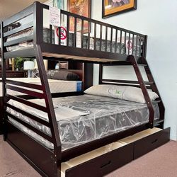 New 🌠$10 Down Payment Finance 🌠Brown Twin Full Bunk Bed With 2 Drawers 