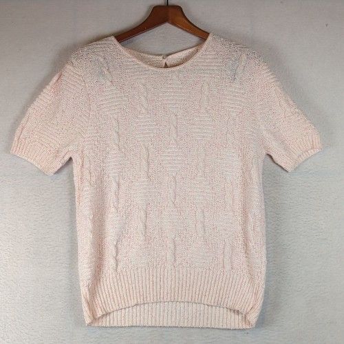 Pink & White Knit Round Neck Ribbed Hem Contemporary Sweater Shirt Size L