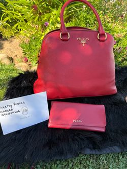 Prada Red Leather Handbag and Wallet Set