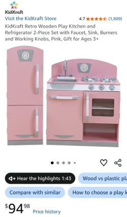 KidKraft Retro Wooden Play Kitchen and Refrigerator 2-Piece Set with Faucet, Sink, Burners and Working Knobs, Pink