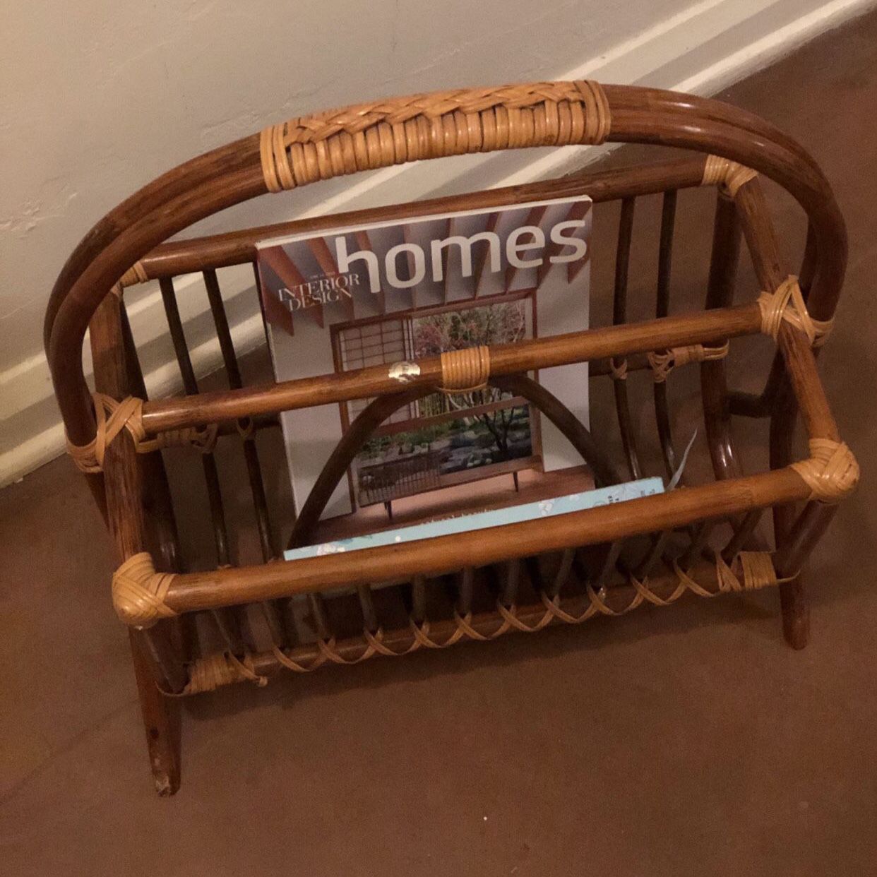 Vintage BOHO Rattan Wicker Bamboo Braided Retired Pier One Magazine/Book/Record Holder In GREAT Condition!