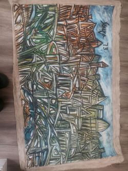 The selected artwork appears to be an abstract town or cityscape painting in the style of Indian modernist artist Francis Newton Souza (1924–2002),