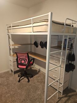 Twin Size Loft Bed with Desk, Charging Station, with 3 Storageand 8 Fabric Drawers, Ladder Off White
