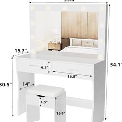 Vanity Desk Set with Large Lighted Mirror, 35.4 Inch Makeup Vanity Table with 2 Drawers, Cushioned Storage Stool, 3 Lighting Modes Brightness Adjustab