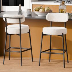 White Bar Stools Set of 2, Boucle Counter Height Bar Stools 28" Modern Barstools Counter Stools with 4'' Thick Round Seat Tall Metal Bar Stool with Cu