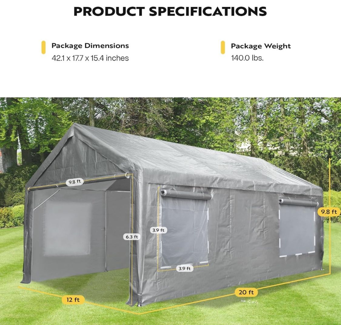 12 x 20 ft Carport Heavy Duty Portable Garage with Triangle Beam Design 4 Roll Up Ventilation Windows and Removable Side Walls Carport for SUV Car