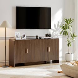 60" Sideboard Buffet Cabinet with Storage, Curved Design Farmhouse Coffee Bar Cabinet with 4 Doors & Adjustable Shelves for Living Room, Kitchen, Hall