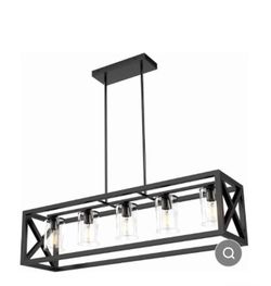 Farmhouse Dining Room Light Fixture - 5 Light Matte Black Rectangle Light Fixture with Adjustable Height & Thickened Metal Dining Table Fixture Chande