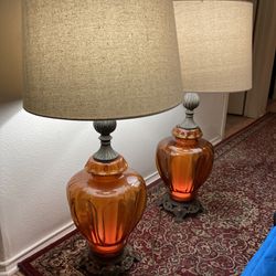 $400- For 2-Beautiful Vintage Mid Century Amber Glass 2-way large lamps/check out our other listings