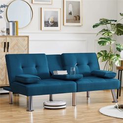 Modern Fabric Upholstered Futon with 2 Throw Pillows, Aqua Blue