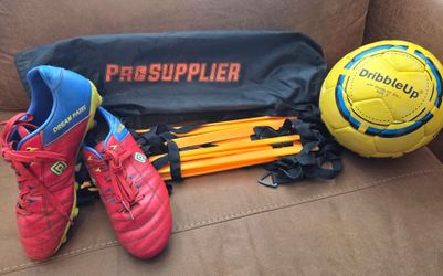Dribble up soccer ball. Agility ladder. Soccer cleats.