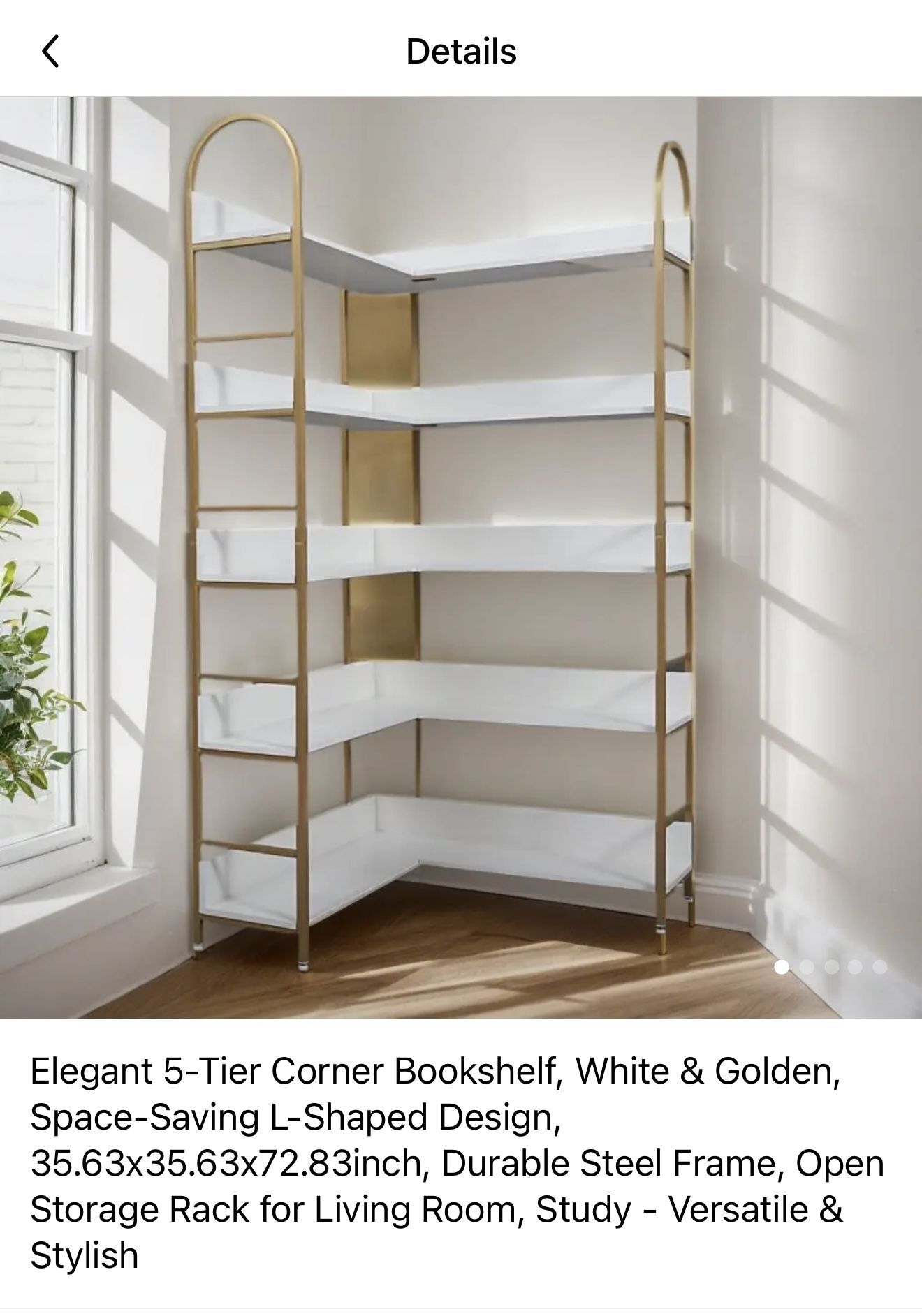 Elegant Five Tier Corner Bookshelf In White And Gold