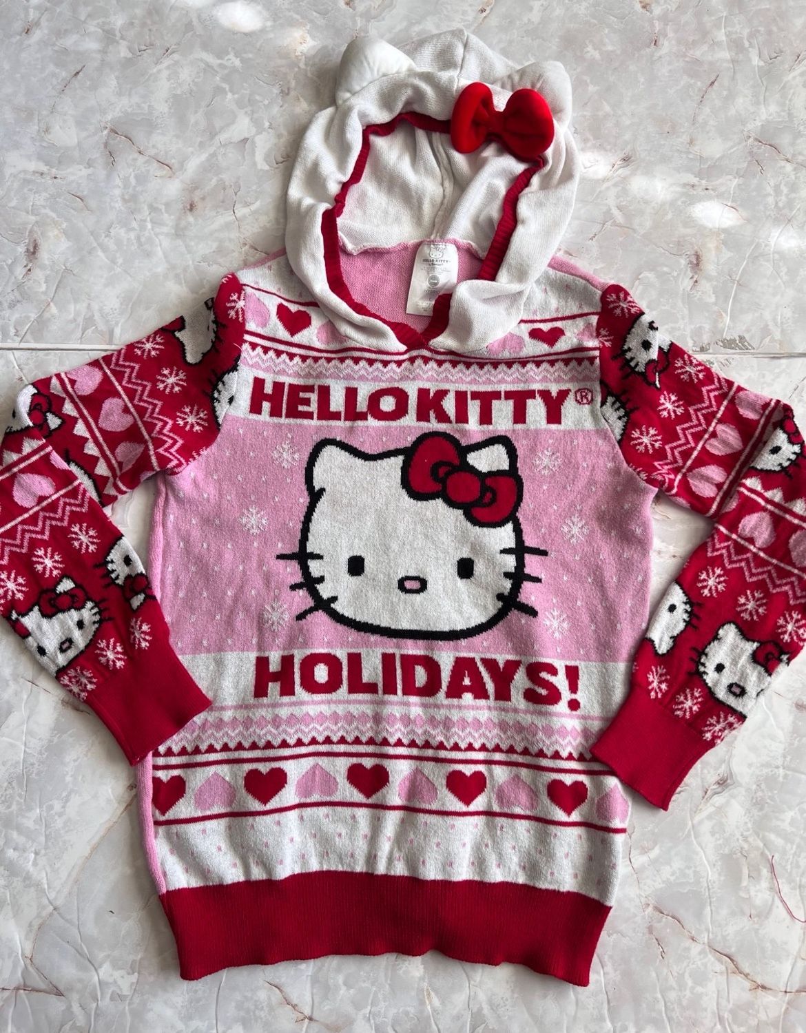 Hello Kitty Holiday Festive Girls Hooded Ears Sweater Sz Large