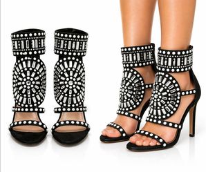 Black Rhinestone-Embellished Gladiator Stiletto Heels – Statement Sandals