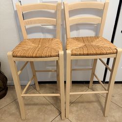 Set of (2) Wood Woven Rattan Ladderback Dining High Chair Barstools