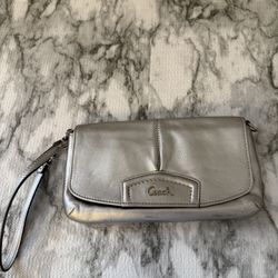 Coach Women's Flap Leather 2-way Wristlet/Clutch Bag Metallic Silver