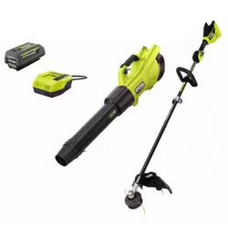 RYOBI 40V HP Brushless 600 CFM 155 MPH Cordless Leaf Blower and Carbon Fiber String Trimmer with 4.0 Ah Battery and Charger