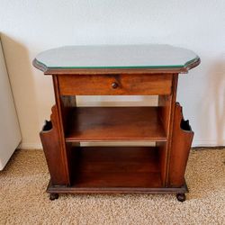 Antique Wood Side Table With Glass Top & Ball Feet