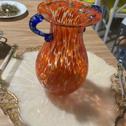 Nouveau Orange Spatter Art Glass Vase with Cobalt Blue Applied Twin Handles 7”