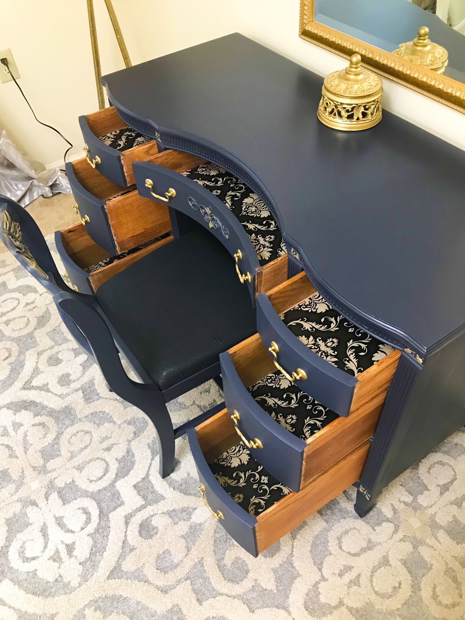 Navy Blue Vanity Desk with Gold Mirror and Chair for Sale in Hamilton, VA -  OfferUp